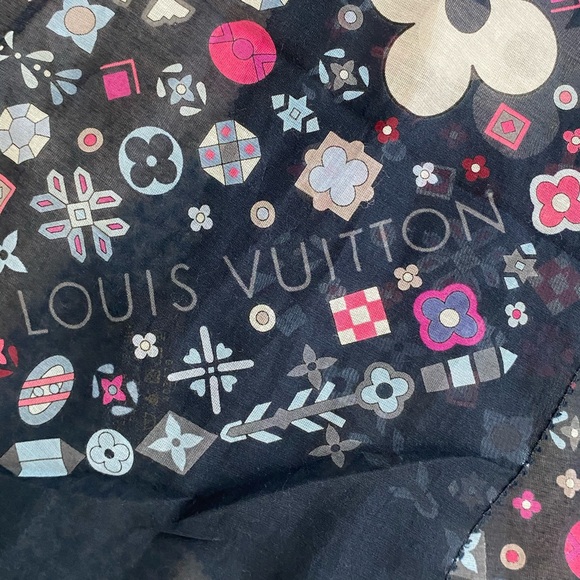 Louis Vuitton Silk Scarf Navy Monogram Floral Print Bandana Style Authentic - Picture 5 of 8